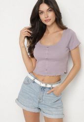 Fioletowy Bawełniany T-shirt o Dopasowanym Kroju z Guzikami Filareina. Fioletowe t-shirty damskie Born2be, l, bez wzorów, z bawełny, bez kołnierzyka. Za 34.99 zł.