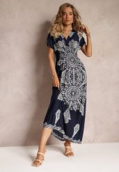 Granatowa Sukienka Maxi w Etniczny Wzór Josanie. Niebieskie sukienki damskie Renee, bez wzorów, boho, bez ramiączek. W wyprzedaży za 63.99 zł.
