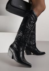 Czarne Kozaki Kowbojki na Stożkowym Obcasie Zdobione Przeszyciami Lumifera. Czarne kozaki damskie Renee, bez obcasa, na obcasie, bez zapięcia. Za 139.99 zł.