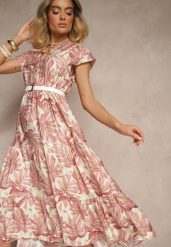Ciemnoróżowa Rozkloszowana Sukienka z Wiskozą Zdobiona Roślinnym Printem Galmoi. Czerwone sukienki damskie Renee, z aplikacjami, z wiskozy, eleganckie, bez ramiączek. W wyprzedaży za 83.99 zł.