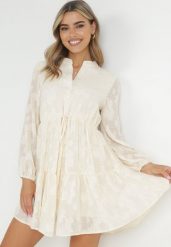 Beżowa Rozkloszowana Sukienka ze Sznurkiem w Pasie Juna. Brązowe sukienki damskie Born2be, bez wzorów, eleganckie, bez ramiączek. Za 209.99 zł.