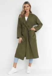 Zielony Płaszcz Oversize z Wiązanym Paskiem Ziyanna. Zielone płaszcze damskie Born2be, l, bez wzorów, z materiału, bez kaptura. Za 309.99 zł.
