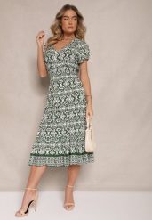 Zielona Rozkloszowana Sukienka z Bawełny w Print Paisley Lanarisa. Zielone sukienki damskie Renee, bez wzorów, z bawełny, eleganckie, bez ramiączek. W wyprzedaży za 39.99 zł.