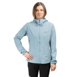 Kurtka softshell damska Borealis Hoody Women. Niebieskie kurtki sportowe damskie RAB, bez wzorów, z softshellu, z kapturem. Za 539.99 zł.