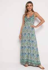 Zielono-Niebieska Wiskozowa Sukienka Boho na Ramiączkach z Gumką w Pasie Elorea. Zielone sukienki damskie Born2be, bez wzorów, z materiału, boho, bez ramiączek. Za 79.99 zł.