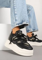 Czarne Sneakersy w Streetwearowym Stylu na Tłoczonej Platformie z Brokatem Mailienne. Czarne obuwie sportowe damskie Renee, bez zapięcia. Za 99.99 zł.