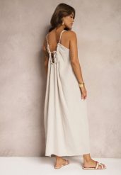 Beżowa Sukienka Muślinowa z Bawełny na Ramiączkach z Regulacją i Wiązaniem przy Dekolcie Felisea. Brązowe sukienki damskie Renee, bez wzorów, z bawełny, eleganckie, bez ramiączek. W wyprzedaży za 99.99 zł.