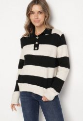 Czarny Sweter w Paski z Domieszką Wełny Zdobiony Kołnierzem i Guzikami Tisania. Czarne swetry klasyczne damskie Born2be, z jeansu, bez kołnierzyka. Za 159.99 zł.