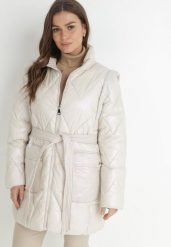Beżowa Kurtka z Odpinanym Rękawem Wiązana w Pasie Caso. Brązowe kurtki damskie Born2be, l, bez wzorów, z materiału, bez kaptura. Za 329.99 zł.