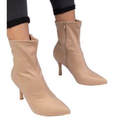 Beżowe botki o satynowym wykończeniu na szpilce beżowy. Brązowe botki damskie z satyny, eleganckie, za kostkę, bez obcasa, na szpilce, bez zapięcia. Za 75.95 zł.
