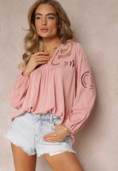 Różowa Bluzka Wiązana na Plecach z Ażurowym Haftem z Wiskozy Conleia. Czerwone bluzki damskie Renee, s, w ażurowe wzory, z wiskozy, boho, bez kołnierzyka, bez ramiączek. Za 109.99 zł.
