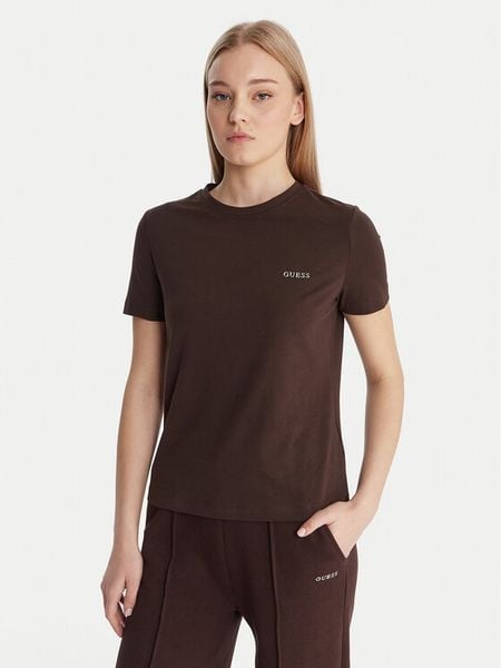 Guess T-Shirt V6RI07 J1314 Brązowy Regular Fit. Brązowe t-shirty damskie Guess, xxs, z aplikacjami, z bawełny, bez kołnierzyka. Za 159.99 zł.