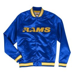 Lekka satynowa kurtka Los Angeles Rams. Niebieskie kurtki damskie Mitchell & Ness, s, bez wzorów, z dżerseju, bez kaptura. Za 460.00 zł.