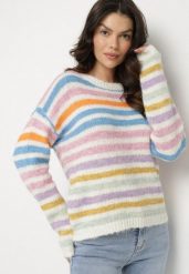 Niebieski Sweter w Kolorowe Paski z Wełną Amleva. Niebieskie swetry klasyczne damskie Born2be, m, z jeansu, bez kołnierzyka. Za 119.99 zł.