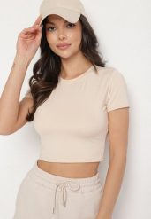 Beżowy T-shirt z Wiskozą o Dopasowanym Kroju Typu Crop Top Folirra. Brązowe t-shirty damskie Born2be, m, bez wzorów, z jeansu, bez kołnierzyka. Za 39.99 zł.