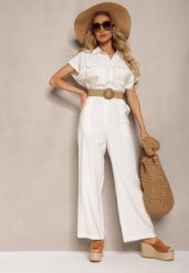 Biały Kombinezon w Stylu Utility z Koszulową Górą i Plecionym Paskiem Dexara. Białe sukienki damskie Renee, bez wzorów, eleganckie, bez ramiączek. W wyprzedaży za 151.99 zł.