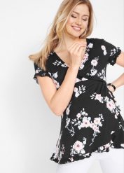 Wiskozowa tunika 2 w 1 ciążowa i do karmienia. Czarne tuniki damskie bonprix, z aplikacjami, z wiskozy, klasyczne, bez kołnierzyka, bez ramiączek. Za 127.99 zł.