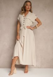 Beżowa Koszulowa Sukienka z Krótkim Rękawem Wiązana w Talii Nalumea. Brązowe sukienki damskie Renee, bez wzorów, eleganckie, bez ramiączek. W wyprzedaży za 63.99 zł.