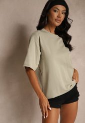 Ciemnobeżowy Basicowy T-shirt z Bawełny Meranissea. Brązowe t-shirty damskie Renee, bez wzorów, z bawełny, bez kołnierzyka. Za 69.99 zł.