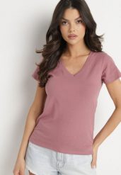 Ciemnoróżowy T-shirt z Bawełny z Dekoltem w Serek Liniviela. Czerwone t-shirty damskie Born2be, l, bez wzorów, z bawełny, bez kołnierzyka. Za 39.99 zł.
