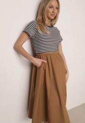 Czarno-Beżowa Rozkloszowana Sukienka z Bawełny z Górą w Paski Aethephaia. Czarne sukienki damskie Born2be, bez wzorów, z bawełny, casualowe, bez ramiączek. Za 99.99 zł.