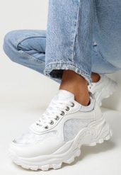 Białe Sneakersy na Grubej Podeszwie z Metaliczną Nitką Adeteia. Białe obuwie sportowe damskie Born2be, bez zapięcia. Za 84.99 zł.