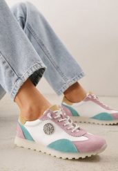 Biało-Fioletowe Sneakersy ze Skóry Naturalnej Ozdobione Metaliczną Aplikacją Tidina. Białe obuwie sportowe damskie Renee, na wiosnę, z jeansu, bez zapięcia. Za 189.99 zł.