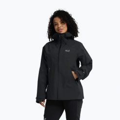 Kurtka przeciwdeszczowa damska Jack Wolfskin Rockpaw 3L. Czarne kurtki damskie Jack Wolfskin, l, bez wzorów, z materiału, bez kaptura. Za 949.99 zł.