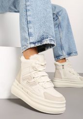 Beżowe Sznurowane Sneakersy na Tłoczonej Platformie Ozdobione z Boku Aplikacją Neathalie. Brązowe obuwie sportowe damskie Renee, z jeansu, bez zapięcia. Za 109.99 zł.