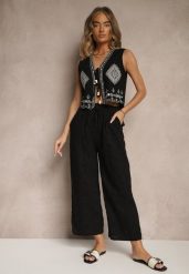 Czarne Spodnie High Waist z Bawełnianej Tkaniny Zdobionej Haftem Mevirona. Czarne spodnie materiałowe damskie Renee, z aplikacjami, z bawełny. Za 44.99 zł.