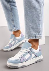 Niebiesko-Białe Sneakersy z Jeansowymi Wstawkami Asailla. Niebieskie obuwie sportowe damskie Born2be, z jeansu, bez zapięcia. Za 89.99 zł.