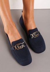 Granatowe Mokasyny Wsuwane ze Ściętym Noskiem i Metaliczną Klamerką Kanela. Niebieskie mokasyny damskie Renee, bez obcasa. Za 44.99 zł.