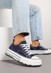 Granatowe Trampki na Platformie z Paskami i Niską Cholewką Zienelle. Niebieskie trampki damskie Renee, bez wzorów, z jeansu, przed kostkę, bez zapięcia. Za 74.99 zł.