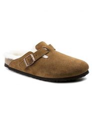 Birkenstock Skórzane klapki "Boston" w kolorze jasnobrązowym rozmiar: 38. Brązowe klapki damskie Birkenstock, bez wzorów, z wełny, bez obcasa, bez zapięcia. Za 674.44 zł.