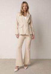 Beżowy Komplet Garniturowy Marynarka z Wiązanym Paskiem i Spodnie Falloria. Brązowe marynarki i żakiety damskie Born2be, m, bez wzorów. Za 219.99 zł.