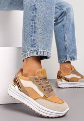 Brązowe Sneakersy na Wysokiej Podeszwie z Błyszczącymi Wstawkami Lovana. Brązowe obuwie sportowe damskie Renee, bez zapięcia. Za 79.99 zł.