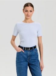 Bawełniana koszulka basic - niebieski. Niebieskie koszulki damskie Sinsay, l, bez wzorów, z bawełny, bez kołnierzyka, bez ramiączek. Za 19.99 zł.