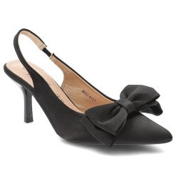 Czółenka damskie D&A by S.Barski o kobiecym fasonie z odkrytą piętą ozdobną kokardą spiczastym noskiem i smukłym obcasem czarne, MR62-9107 Black. Czarne czółenka damskie S.BARSKI, bez wzorów, bez obcasa, na obcasie. Za 134.99 zł.