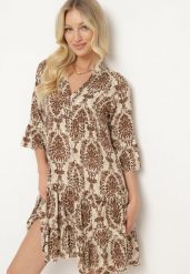 Brązowo-Beżowa Bawełniana Rozkloszowana Sukienka z Falbankami Miloa. Brązowe sukienki damskie Born2be, bez wzorów, z bawełny, klasyczne, bez ramiączek. Za 69.99 zł.