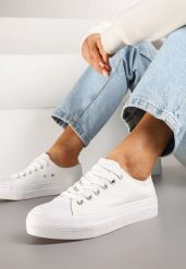 Białe Trampki Basic z Cholewką przed Kostkę na Niskiej Platformie Senadra. Białe trampki damskie Renee, bez wzorów, z jeansu, przed kostkę, bez zapięcia. Za 54.99 zł.