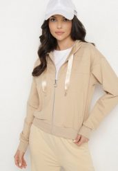 Beżowa Rozpinana Bluza z Kapturem Bawełną i Cyrkoniami Uliviela. Brązowe bluzy damskie Born2be, uniwersalny, bez wzorów, z bawełny, z kapturem. Za 89.99 zł.