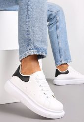 Biało-Czarne Sneakersy na Grubej Podeszwie z Przeszyciami i Perforacją Amela. Białe obuwie sportowe damskie Renee, ze skóry, przed kostkę, bez zapięcia. Za 44.99 zł.