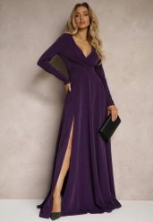 Ciemnofioletowa Kopertowa Sukienka o Rozkloszowanym Kroju z Rozcięciem i Metalicznymi Przeszyciami Emiraia. Fioletowe sukienki damskie Renee, bez wzorów, eleganckie, bez ramiączek. W wyprzedaży za 175.99 zł.