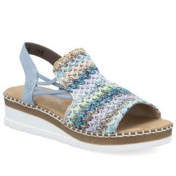 Komfortowe sandały damskie wsuwane niebieskie Rieker V1241-91. Niebieskie sandały damskie Rieker, bez wzorów, z materiału, bez obcasa, bez zapięcia. Za 319.00 zł.
