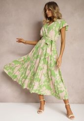 Zielono-Beżowa Kopertowa Plisowana Sukienka Koktajlowa z Gumką i Paskiem w Talii Benelsea. Zielone sukienki damskie Renee, bez wzorów, z materiału, eleganckie, bez ramiączek. W wyprzedaży za 67.99 zł.
