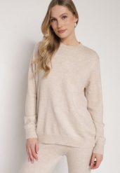 Beżowy Casualowy Sweter z Wełną i Bawełną Nedalla. Brązowe swetry klasyczne damskie Born2be, z bawełny, bez kołnierzyka. Za 59.99 zł.