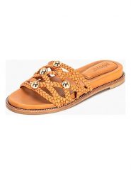 INUOVO Skórzane klapki w kolorze jasnobrązowym rozmiar: 38. Brązowe klapki damskie Inuovo, z aplikacjami, z otwartym noskiem, bez obcasa, bez zapięcia. Za 252.99 zł.