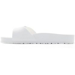 Klapki damskie Birkenstock Eva Madrid. Białe klapki damskie Birkenstock, bez wzorów, z materiału, bez obcasa, bez zapięcia. Za 326.00 zł.