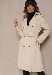 Beżowy Dwurzędowy Płaszcz Trencz z Paskiem i Elegancką Klapą Fireti. Brązowe płaszcze damskie Renee, l, bez wzorów, z jeansu, bez kaptura. Za 179.99 zł.