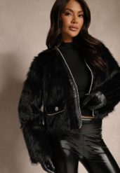 Czarna Niezapinana Kurtka Futerkowa Ozdobiona Cyrkoniami i Elegancką Imitacją Kieszonek Bonicea. Czarne kurtki damskie Renee, na jesień, m, z aplikacjami, z jeansu, bez kaptura. Za 319.99 zł.